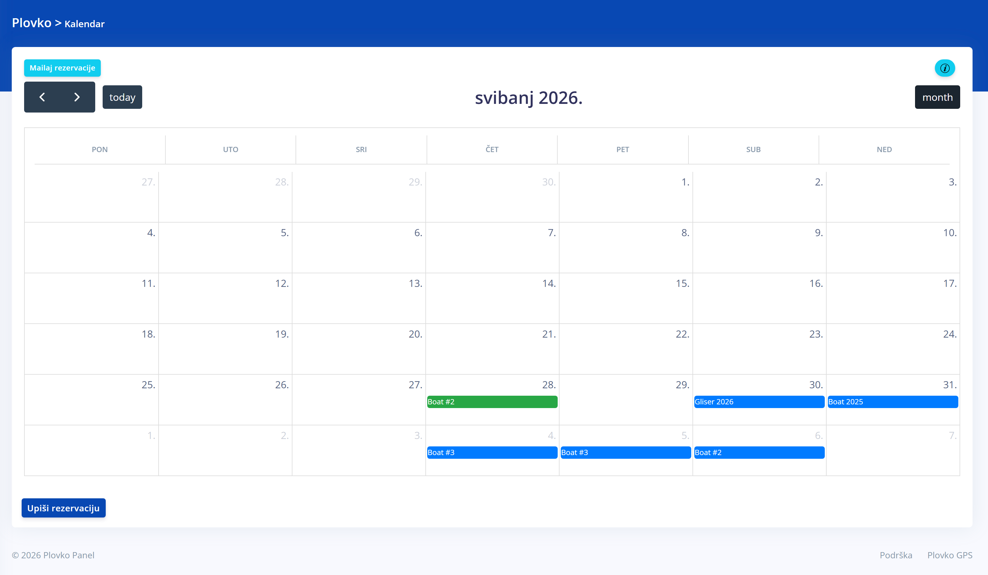 Plovko Panel kalendar rezervacija